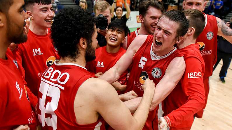 27 January 2018; Lorcan Murphy of Black Amber Templeogue celebrates with team mate Neil Randolph following the Hula Hoops Pat Duffy National Cup Final match between UCD Marian and Black Amber Templeogue at the National Basketball Arena in Tallaght, Dublin. Photo by Eoin Noonan/Sportsfile