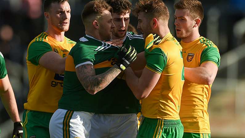 28 January 2018; Barry John Keane of Kerry and Stephen McMenamin of Donegal tussle off the ball during the Allianz Football League Division 1 Round 1 match between Kerry and Donegal at Fitzgerald Stadium in Killarney, Co. Kerry. Photo by Diarmuid Greene/Sportsfile