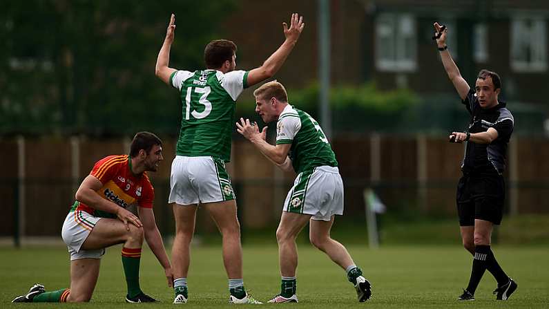 25 June 2017; Kieran Hughes, left, and Jaralth Branagan of London reacts after referee Niall Cullen gives a decision against their side during the GAA Football All-Ireland Senior Championship Round 1B match between London and Carlow at McGovern Park in Ruislip, London. Photo by Seb Daly/Sportsfile