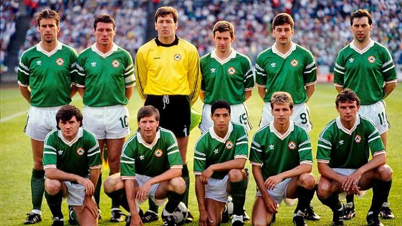 15 June 1988; The Republic of Ireland team, back row, from left, Mick McCarthy, Frank Stapleton, Pat Bonner, Kevin Sheedy, John Aldridge and Tony Galvin, front row, from left, Ray Houghton, Ronnie Whelan, Chris Hughton, Chris Morris and Kevin Moran. European Championship Finals 1988, Republic of Ireland v Soviet Union. Niedersachen Stadium, Hanover, Germany. Picture credit: Ray McManus / SPORTSFILE