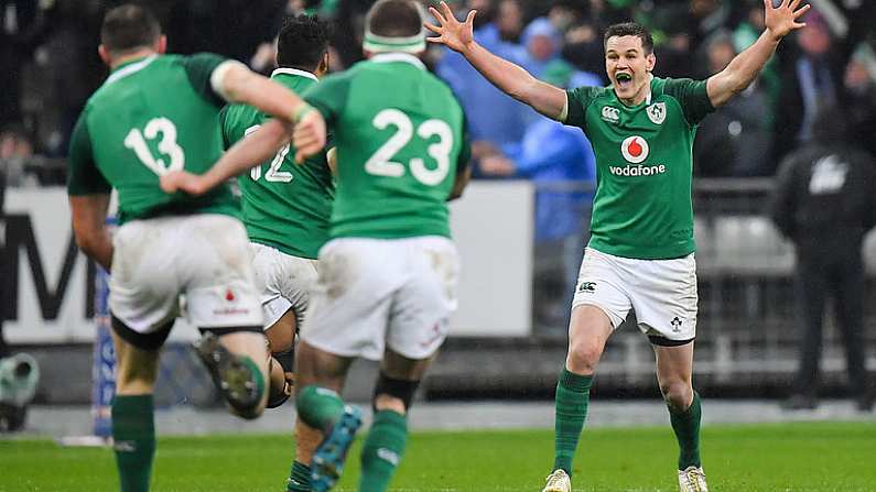 3 February 2018; Jonathan Sexton of Ireland celebrates with teammates after kicking the match winning drop goal during the NatWest Six Nations Rugby Championship match between France and Ireland at the Stade de France in Paris, France. Photo by Brendan Moran/Sportsfile