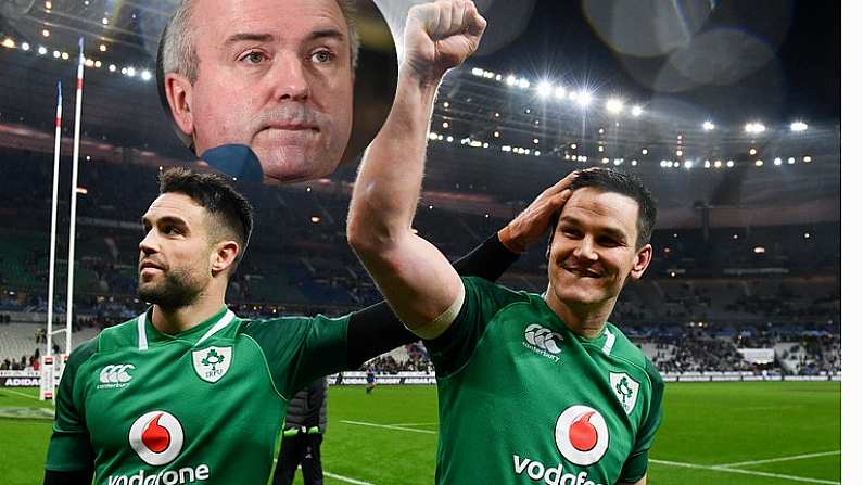 3 February 2018; Conor Murray, left, and Jonathan Sexton of Ireland celebrate following the NatWest Six Nations Rugby Championship match between France and Ireland at the Stade de France in Paris, France. Photo by Ramsey Cardy/Sportsfile