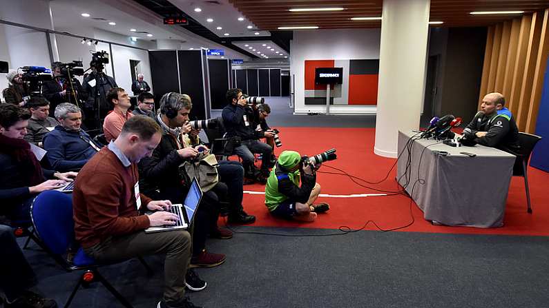 2 February 2018; Captain Rory Best answers questions from the media during an Ireland rugby press conference at the Stade de France in Paris, France. Photo by Brendan Moran/Sportsfile