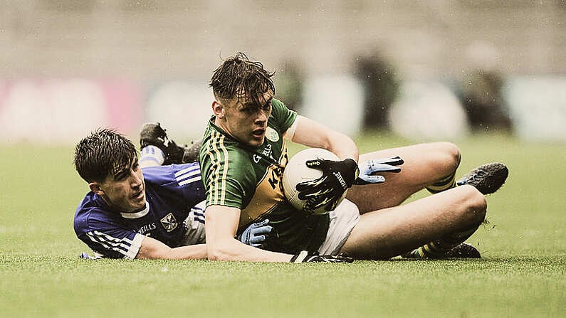 20 August 2017; David Clifford of Kerry in action against Cormac Timoney of Cavan during the Electric Ireland GAA Football All-Ireland Minor Championship Semi-Final match between Cavan and Kerry at Croke Park in Dublin. Photo by Piaras O Midheach/Sportsfile