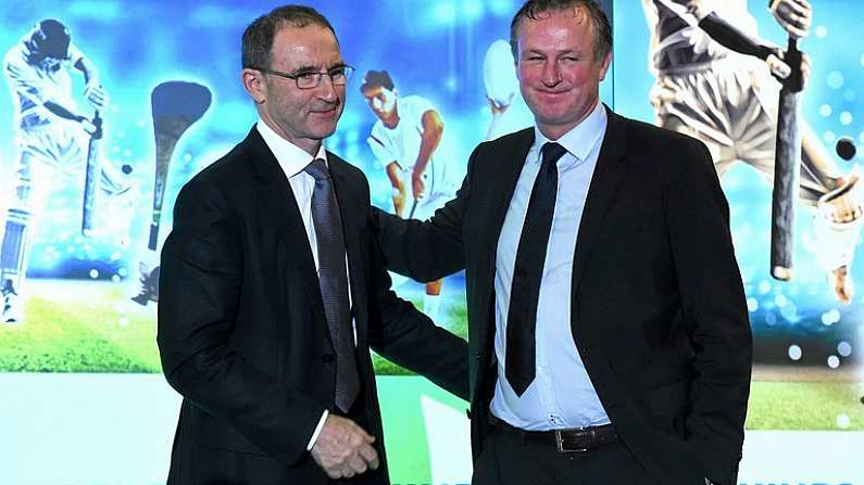 9 December 2015; Republic of Ireland manager Martin O'Neill, left, and Northern Ireland manager Michael O'Neill, who were jointly presented with the Philips Manager of the Year Award. Philips Manager of the Year 2015, The Intercontinental Hotel, Simmonscourt Rd, Dublin. Picture credit: Ray McManus / SPORTSFILE