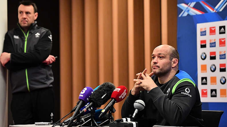 2 February 2018; Captain Rory Best, with David O Siochain, Media & Communications Officer, IRFU, to his right, answers questions during an Ireland rugby press conference at the Stade de France in Paris, France. Photo by Brendan Moran/Sportsfile.