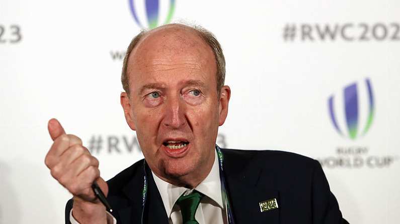 25 September 2017; Minister for Transport, Tourism and Sport Shane Ross during the Rugby World Cup 2023 Bid Presentations at he Royal Garden Hotel in London, England. Photo by Christopher Lee / World Rugby via Sportsfile