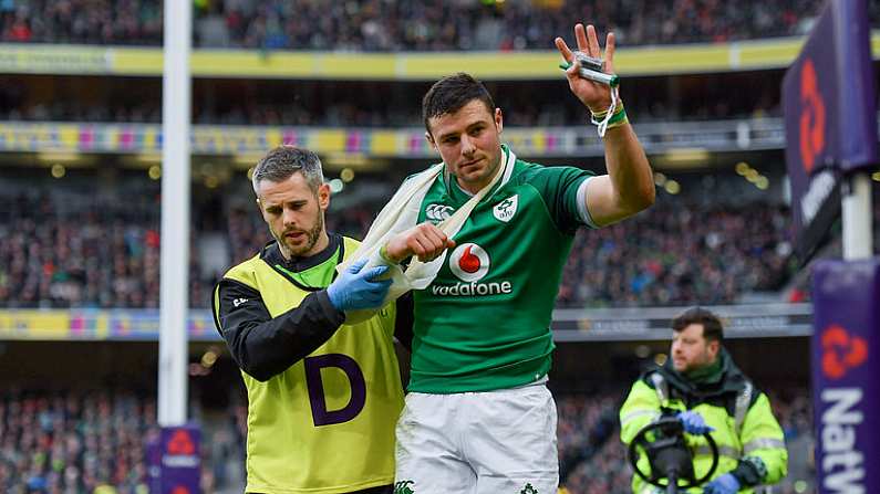 10 February 2018; Robbie Henshaw of Ireland acknowledges the supporters after leaving the field with an injury during the Six Nations Rugby Championship match between Ireland and Italy at the Aviva Stadium in Dublin. Photo by Brendan Moran/Sportsfile