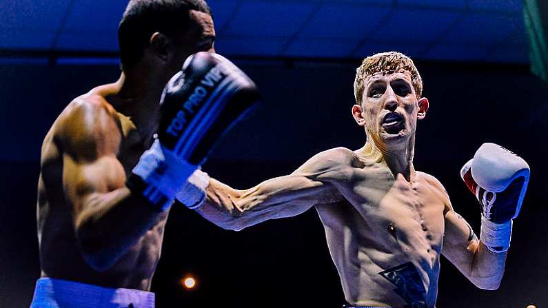 25 February 2017; Eric Donovan, right, in action against Stefan Nicolae during their bout in the National Stadium in Dublin. Photo by Ramsey Cardy/Sportsfile