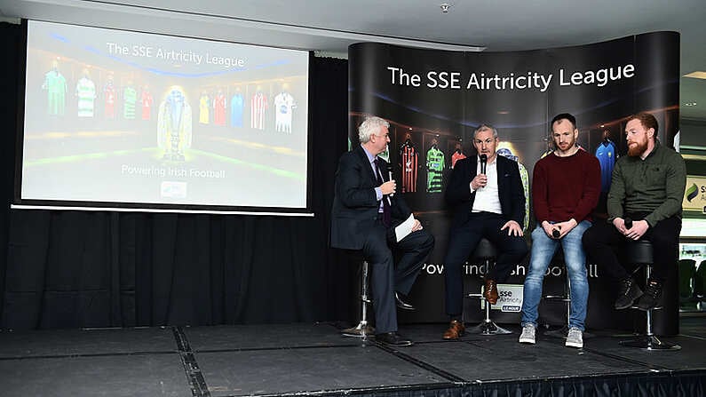 13 February 2018; MC Con Murphy, left, speaking with, from left, Manager of Cork City John Caulfield, Stephen O'Donnell of Dundalk, and Ryan Connolly of Galway United, during the SSE Airtricity League Launch 2018 at the Aviva Stadium in Dublin. Photo by Seb Daly/Sportsfile