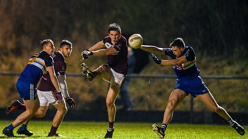 14 February 2018; Ruairi Greene of NUIG in action against Cormac Howley of DIT during the Electric Ireland HE GAA Sigerson Cup Semi-Final match between NUI Galway and Dublin Institute of Technology at St Lomans in Mullingar, Co Westmeath. Photo by Sam Barnes/Sportsfile