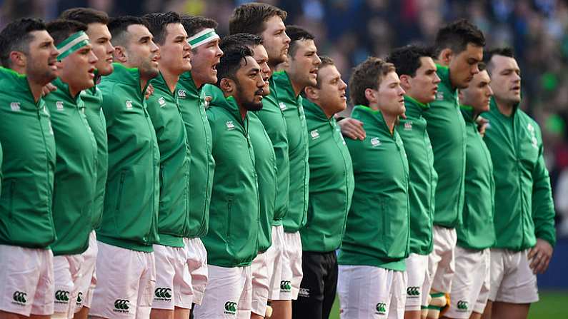 10 February 2018; The Ireland team stand for the national anthem on his debut prior to the Six Nations Rugby Championship match between Ireland and Italy at the Aviva Stadium in Dublin. Photo by Brendan Moran/Sportsfile