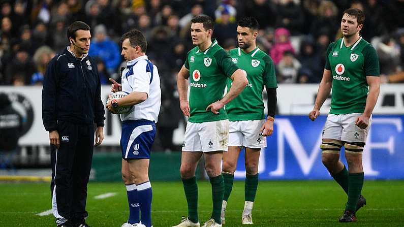 3 February 2018; Jonathan Sexton of Ireland speaks to referee Nigel Owens during the NatWest Six Nations Rugby Championship match between France and Ireland at the Stade de France in Paris, France. Photo by Ramsey Cardy/Sportsfile