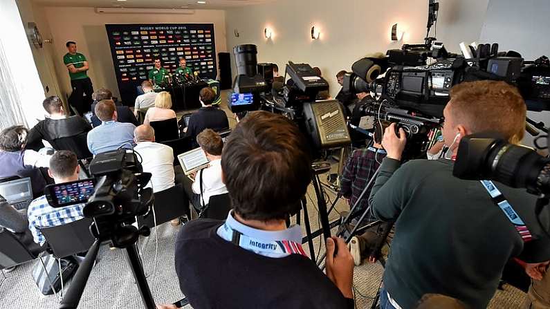 2 October 2015; Ireland's Jonathan Sexton and head coach Joe Schmidt speaking to the media during a press conference. Ireland Rugby Press Conference, 2015 Rugby World Cup, Radisson Blu Hotel, Guildford, England. Picture credit: Brendan Moran / SPORTSFILE