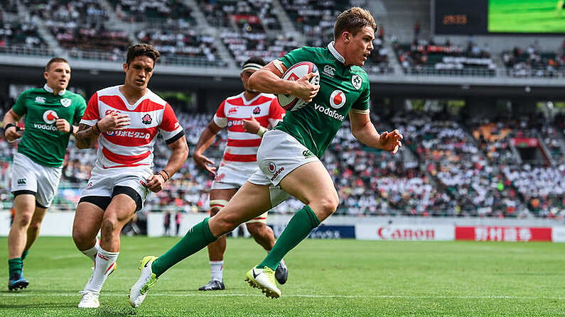 17 June 2017; Garry Ringrose of Ireland runs in to score scores his side's sixth try during the international rugby match between Japan and Ireland at the Shizuoka Epoca Stadium in Fukuroi, Shizuoka Prefecture, Japan. Photo by Brendan Moran/Sportsfile