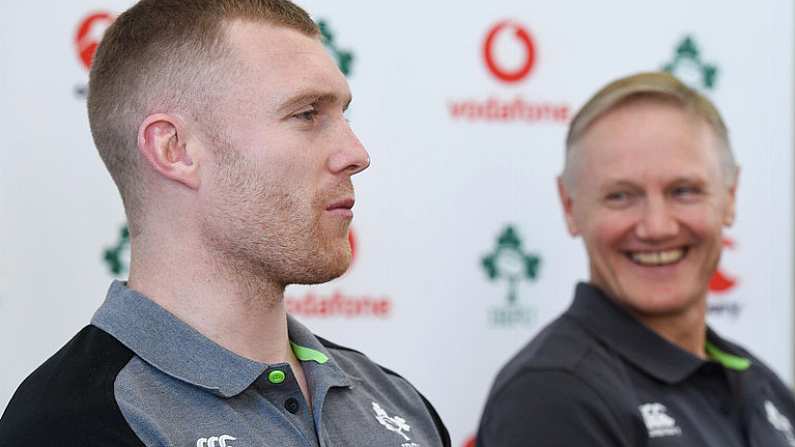 1 February 2018; Keith Earls with head coach Joe Schmidt during an Ireland rugby squad press conference at Carton House in Maynooth, Co Kildare. Photo by Matt Browne/Sportsfile