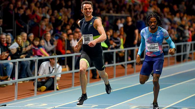 21 February 2018; Thomas Barr of Ireland wins the Men's 400m from Ricardo Dos-Santos of Portugal during AIT International Athletics Grand Prix at the AIT International Arena, in Athlone, Co. Westmeath. Photo by Brendan Moran/Sportsfile