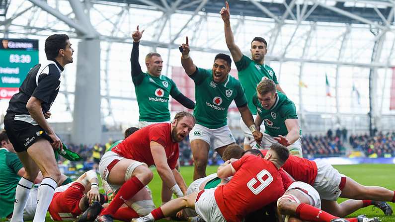 24 February 2018; Ireland players, from left, Keith Earls, Bundee Aki, Conor Murray and Dan Leavy celebrate after Cian Healy, hidden, scored their side's fourth try during the NatWest Six Nations Rugby Championship match between Ireland and Wales at the Aviva Stadium in Lansdowne Road, Dublin. Photo by David Fitzgerald/Sportsfile