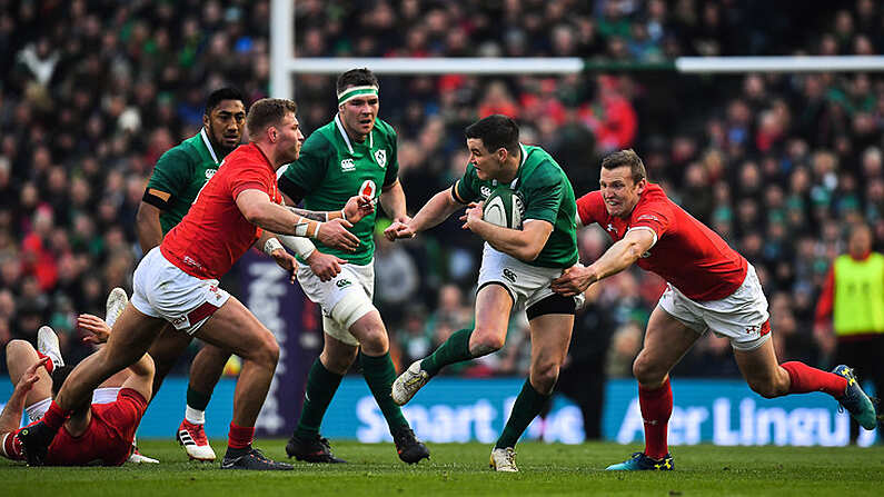 24 February 2018; Jonathan Sexton of Ireland is tackled by Hadleigh Parkes of Wales during the NatWest Six Nations Rugby Championship match between Ireland and Wales at the Aviva Stadium in Lansdowne Road, Dublin. Photo by Brendan Moran/Sportsfile