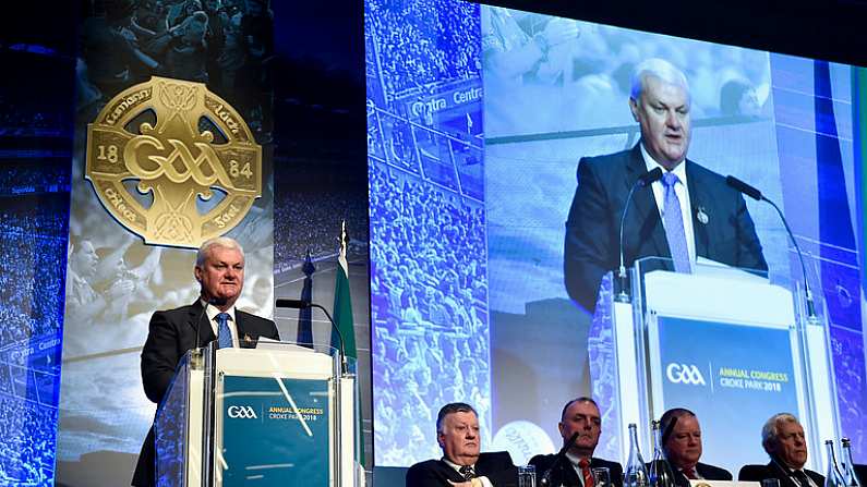 24 February 2018; Aogan O Fearghail gives his final speech as Uachtaran Chumann Luthchleas Gael during the GAA Annual Congress 2018 at Croke Park in Dublin. Photo by Piaras O Midheach/Sportsfile