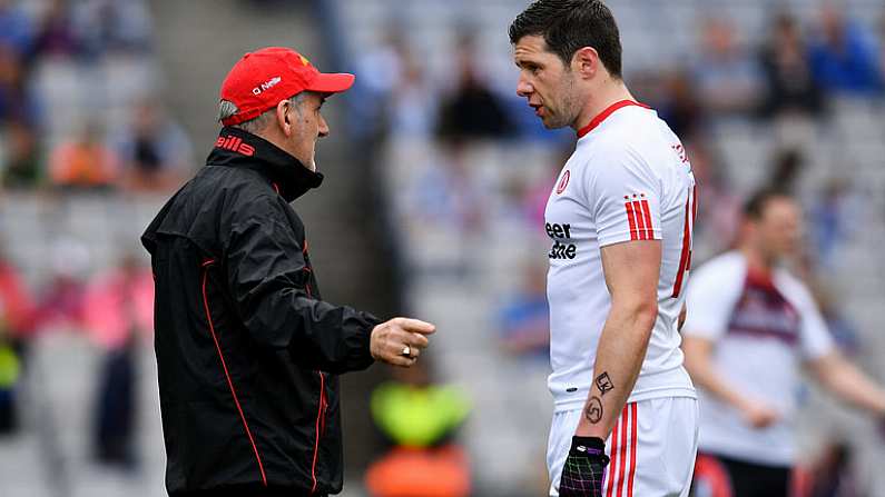 5 August 2017; Tyrone manager Mickey Harte in conversation with Sean Cavanagh ahead of the GAA Football All-Ireland Senior Championship Quarter-Final match between Tyrone and Armagh at Croke Park in Dublin. Photo by Ramsey Cardy/Sportsfile