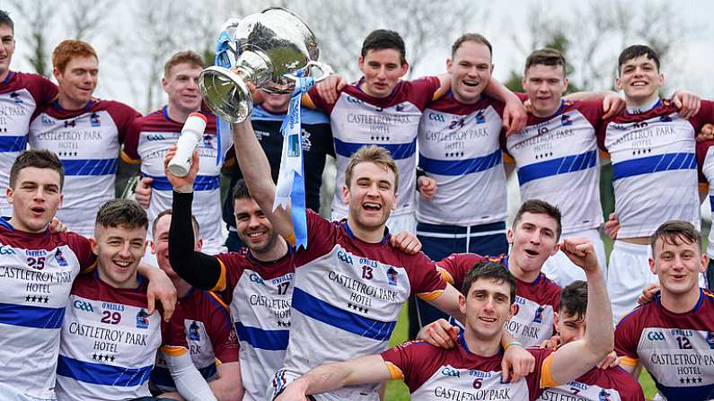 24 February 2018; UL captain John McGrath celebrates with team-mates and the cup after the Electric Ireland HE GAA Fitzgibbon Cup Final match between DCU Dochas Eireann and University of Limerick at Mallow GAA Grounds in Mallow, Co Cork. Photo by Diarmuid Greene/Sportsfile