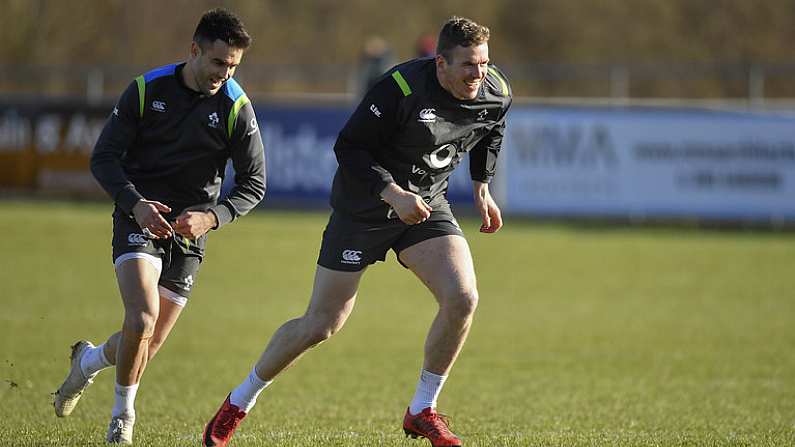 15 February 2018; Conor Murray, left, and Chris Farrell during Ireland Rugby squad training at Buccaneers RFC, Dubarry Park, Athlone, Westmeath. Photo by Brendan Moran/Sportsfile