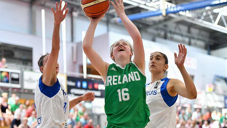 1 July 2018; Edel Thornton of Ireland in action against Petra Orlovic and Sofia Theologou of Cyprus during the FIBA 2018 Women's European Championships for Small Nations Classification 5-6 match between Cyprus and Ireland at Mardyke Arena, Cork, Ireland. Photo by Brendan Moran/Sportsfile