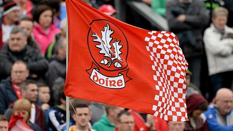 25 May 2014; General view of a Derry flag. Ulster GAA Football Senior Championship Quarter-Final, Derry v Donegal, Celtic Park, Derry. Picture credit: Oliver McVeigh / SPORTSFILE