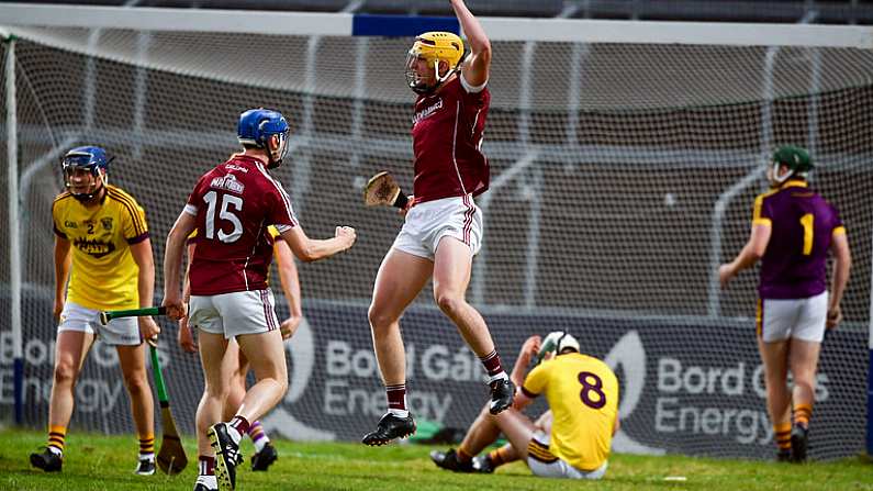 4 July 2018; Sean Bleahene, centre, of Galway celebrates after scoring the winning goal at the end of extra time during the Bord Gais Energy Leinster Under 21 Hurling Championship 2018 Final match between Wexford and Galway at O'Moore Park in Portlaoise, Co Laois. Photo by Sam Barnes/Sportsfile