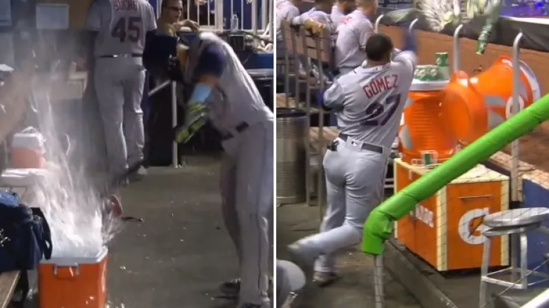 Baseball Player Loses Mind With Water Cooler After Strikeout