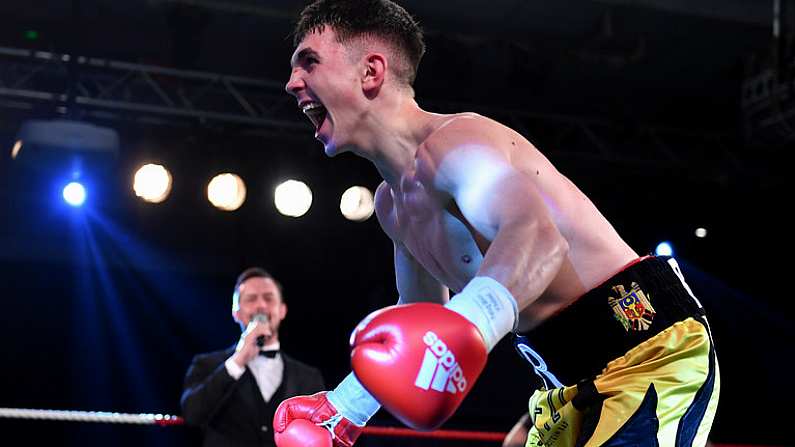 3 March 2018; Victor Rabei celebrates defeating Mark Morris in their lightweight bout at the National Stadium in Dublin. Photo by Ramsey Cardy/Sportsfile