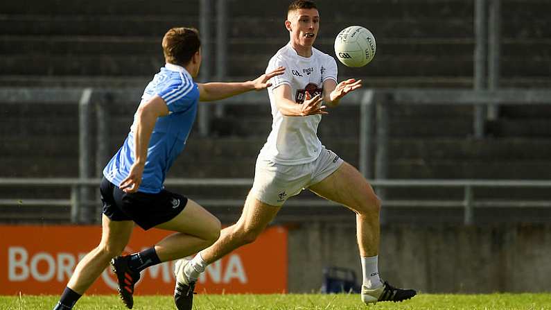 6 July 2018; Ruadhan O'Giollain of Kildare in action against Nathan Doran of Dublin during the EirGrid Leinster GAA Football U20 Championship Final match between Kildare and Dublin at Bord na Mona O'Connor Park in Tullamore, Co Offaly. Photo by Piaras O Midheach/Sportsfile