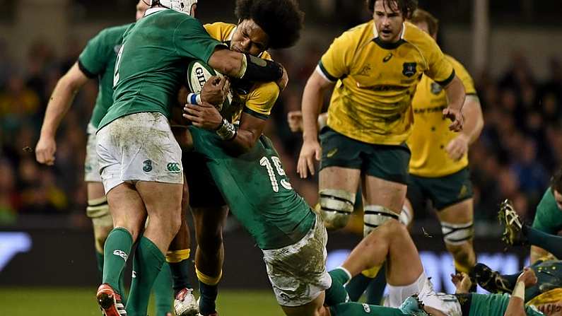 22 November 2014; Henry Speight, Australia, is tackled by Rory Best, left, and Rob Kearney, Ireland. Guinness Series, Ireland v Australia. Aviva Stadium, Lansdowne Road, Dublin. Picture credit: Barry Cregg / SPORTSFILE