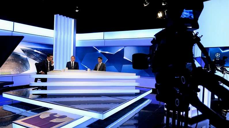 12 April 2016; Former Republic of Ireland International Richard Dunne pictured with regular TV3 analyst Kevin Kilbane, and anchor Tommy Martin, left, in The Virgin Media TV3 HD Studio tonight. The former Manchester City captain Richard Dunne was TV3s special studio guest for Tuesdays UEFA Champions League quarter-final 2nd leg between Manchester City and Paris St Germain. Dunne, a four time player of the year at City, joined TV3 regulars Kevin Kilbane, Brian Kerr and host Tommy Martin for studio analysis, with Neil Lennon and David McIntyre on commentary duty at the Etihad Stadium. TV3  The home of Tuesday night Champions League action. TV3 Sony HD Studio Building, TV3 Studios, Ballymount, Dublin. Picture credit: Brendan Moran / SPORTSFILE