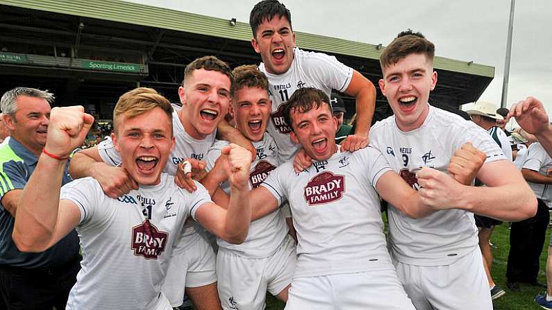 14 July 2018; Kildare players celebrate after beating Kerry in  the EirGrid GAA Football All-Ireland U20 Championship Semi-Final match between Kildare and Kerry at the Gaelic Grounds, Limerick. Photo by Ray Ryan/Sportsfile