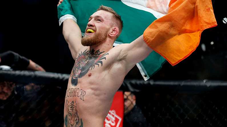 12 November 2016; Conor McGregor celebrates after defeating Eddie Alvarez by second round TKO following their lightweight title bout at UFC 205 in Madison Square Garden, New York. Photo by Adam Hunger/Sportsfile