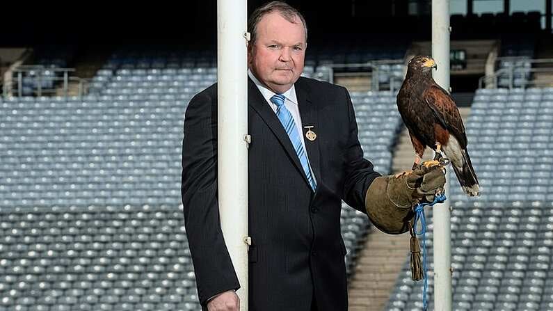 22 April 2013; Uachtaran Chumann Luthchleas Gael Liam O Neill is joined by Tom, the Harris Hawk, to announce Specsavers' sponsorship of the new Hawkeye point detection technology for both hurling and football at Croke Park. The new system, which will be first utilised on 1st June at the Leinster GAA Football Senior Championship quarter-final double header, provides real time imagery on the stadium's big screen of a ball's trajectory over the posts to remove any ambiguity over whether a point was scored or missed. Specsavers sponsorship will now mean that any tricky point decision can be made quickly avoiding any 'Should've gone to Specsavers' moments for match officials. Croke Park, Dublin. Picture credit: Paul Mohan / SPORTSFILE