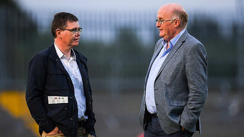 21 July 2018; Ard Stiurthoir of the GAA Tom Ryan, left, and Uachtaran Chumann Luthchleas Gael John Horan in conversation following the GAA Football All-Ireland Senior Championship Quarter-Final Group 2 Phase 2 match between Tyrone and Dublin at Healy Park in Omagh, Tyrone. Photo by Stephen McCarthy/Sportsfile