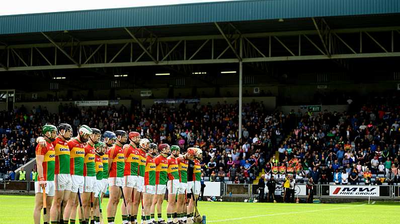 25 June 2017; The Carlow team during the National Anthem ahead of the GAA Hurling All-Ireland Senior Championship Preliminary Round match between Laois and Carlow at O'Moore Park in Portlaoise, Co. Laois. Photo by Ramsey Cardy/Sportsfile