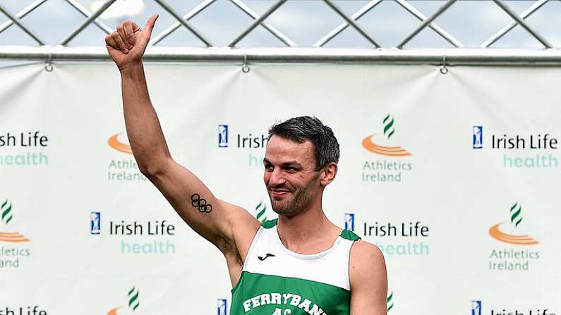 29 July 2018; Thomas Barr of Ferrybank A.C., Co. Waterford, acknowledges the crowd before being presented with his medal after winning the Senior Men 400mH event during the Irish Life Health National Senior T&F Championships Day 2 at Morton Stadium in Santry, Dublin. Photo by Sam Barnes/Sportsfile