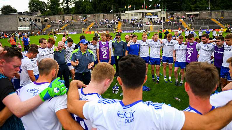 22 July 2018; Monaghan manager Malachy O'Rourke speaks to his team following their draw in the GAA Football All-Ireland Senior Championship Quarter-Final Group 1 Phase 2 match between Monaghan and Kerry at St Tiernach's Park in Clones, Monaghan. Photo by Ramsey Cardy/Sportsfile