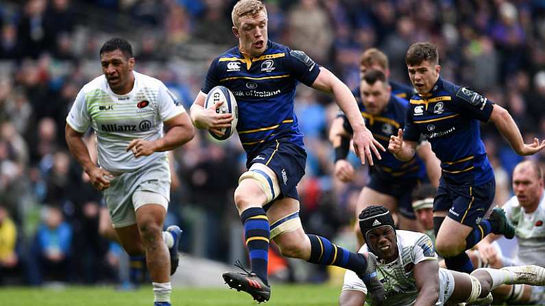 1 April 2018; Dan Leavy of Leinster makes a break on his way to scoring his side's second try during the European Rugby Champions Cup quarter-final match between Leinster and Saracens at the Aviva Stadium in Dublin. Photo by Ramsey Cardy/Sportsfile