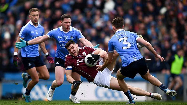 1 April 2018; Damien Comer of Galway in action against Dublin players, from left. Jonny Cooper, Philly McMahon and Michael Fitzsimons during the Allianz Football League Division 1 Final match between Dublin and Galway at Croke Park in Dublin. Photo by Stephen McCarthy/Sportsfile