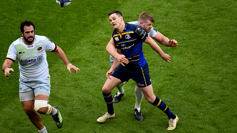 1 April 2018; Jonathan Sexton of Leinster is tackled by George Kruis of Saracens during the European Rugby Champions Cup quarter-final match between Leinster and Saracens at the Aviva Stadium in Dublin. Photo by Sam Barnes/Sportsfile