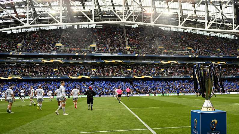 1 April 2018; A general view of the Champions Cup trophy during the European Rugby Champions Cup quarter-final match between Leinster and Saracens at the Aviva Stadium in Dublin. Photo by Ramsey Cardy/Sportsfile