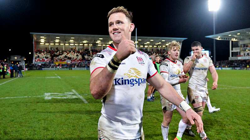 1 January 2018; Craig Gilroy of Ulster celebrates following the Guinness PRO14 Round 12 match between Ulster and Munster at Kingspan Stadium in Belfast. Photo by David Fitzgerald/Sportsfile