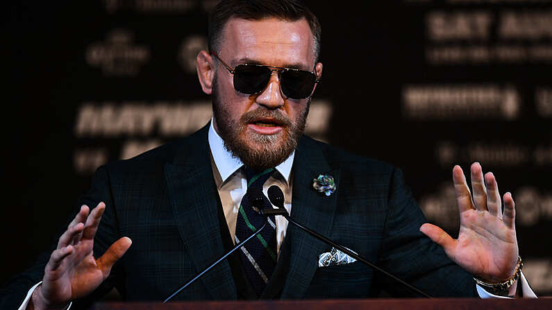 23 August 2017; Conor McGregor during a news conference at the MGM Grand in Las Vegas, USA, ahead of his super welterweight boxing match with Floyd Mayweather Jr at T-Mobile Arena in Las Vegas on Saturday August 26. Photo by Stephen McCarthy/Sportsfile