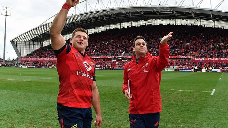 31 March 2018; Munster's CJ Stander, left, and head coach Johann van Graan celebrate after the European Rugby Champions Cup quarter-final match between Munster and RC Toulon at Thomond Park in Limerick. Photo by Brendan Moran/Sportsfile