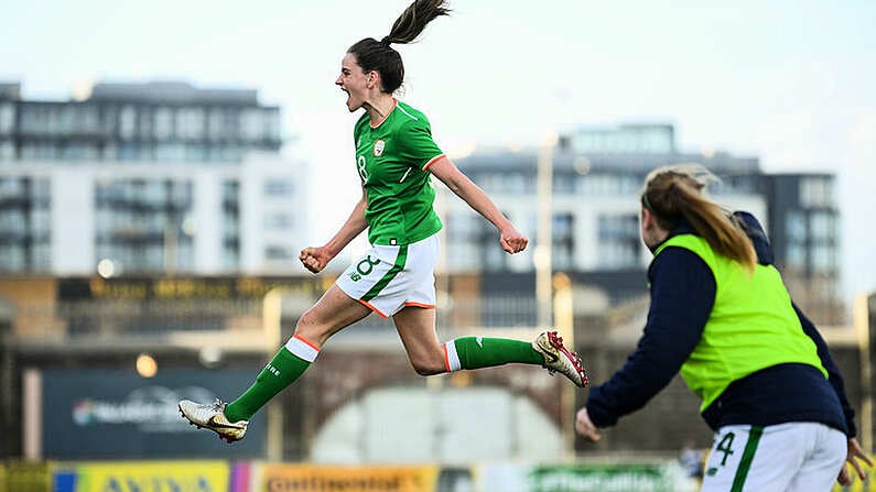 6 April 2018; Leanne Kiernan of Republic of Ireland celebrates after scoring her side's first goal during the 2019 FIFA Women's World Cup Qualifier match between Republic of Ireland and Slovakia at Tallaght Stadium in Tallaght, Dublin. Photo by Stephen McCarthy/Sportsfile